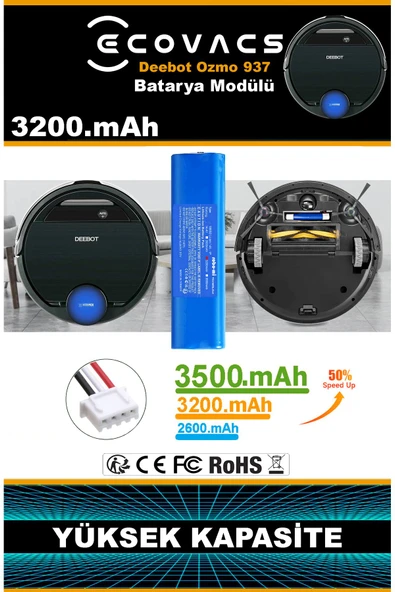 robo-mi Ecovacs Deebot Ozmo 937 3200mAh Robot Süpürge Bataryası - Gerçek Kapasite, Maksimum Güvenlik - Resim 3