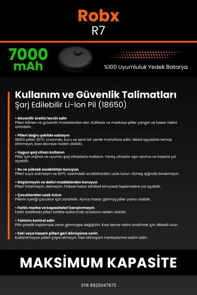 robo-mi Robx R7 7000mAh Robot Süpürge Bataryası - Gerçek Kapasite, Maksimum Güvenlik - 7
