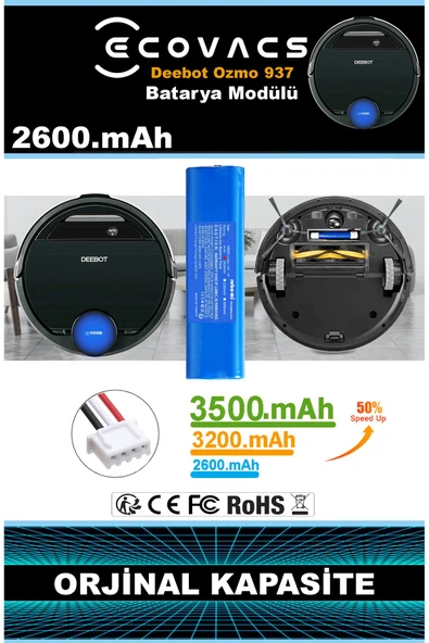 robo-mi Ecovacs Deebot Ozmo 937 2600mAh Robot Süpürge Bataryası - Gerçek Kapasite, Maksimum Güvenlik - Resim 6