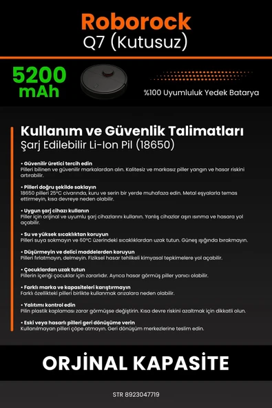 robo-mi Roborock Q7 5200mAh Robot Süpürge Bataryası - Gerçek Kapasite, Maksimum Güvenlik - 7