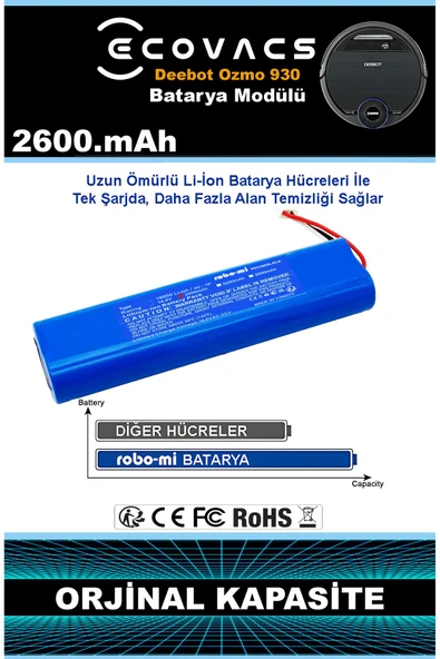 robo-mi Ecovacs Deebot Ozmo 900 2600mAh Robot Süpürge Bataryası - Yüksek Yoğunluklu Li-ion Hücre - Resim 5