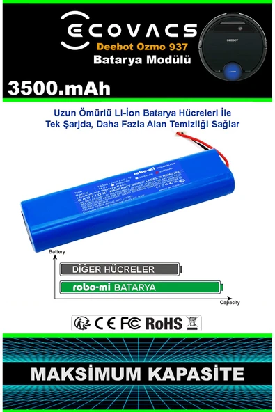 robo-mi Ecovacs Deebot Ozmo 937 3500mAh Robot Süpürge Bataryası - Gerçek Kapasite, Maksimum Güvenlik - Resim 4