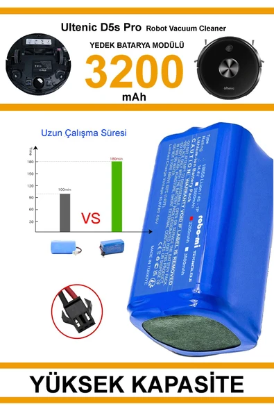 robo-mi Ultenic D5S Pro 3200mAh Robot Süpürge Bataryası - Gerçek Kapasite, Maksimum Güvenlik - 3