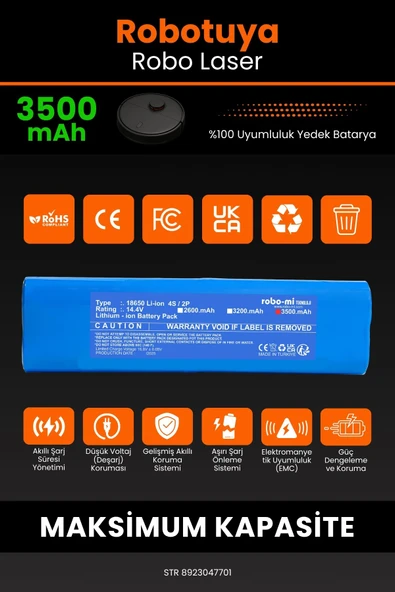 robo-mi Robotuya RoboLaser 3500mAh Robot Süpürge Bataryası - Gerçek Kapasite, Maksimum Güvenlik - 3