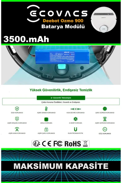 robo-mi Ecovacs Deebot Ozmo 900 3500mAh Robot Süpürge Bataryası - Gerçek Kapasite, Maksimum Güvenlik - Resim 7