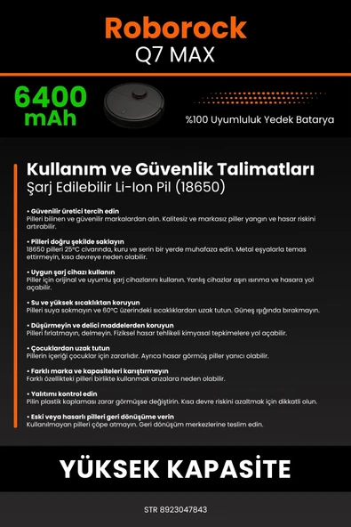 robo-mi Roborock Q7 Max 6400mAh Robot Süpürge Bataryası - Gerçek Kapasite, Maksimum Güvenlik - 7