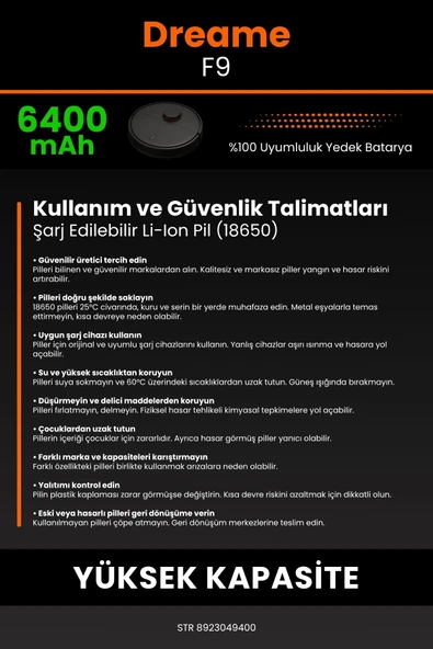robo-mi Dreame F9 Vacuum Mop 6400mAh Robot Süpürge Bataryası - Yüksek Yoğunluklu Li-ion Hücre - 7