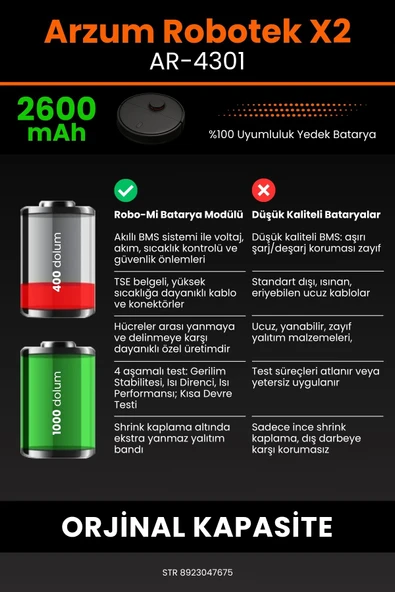 robo-mi Arzum AR4301 Robotek X2 2600mAh Robot Süpürge Bataryası - Gerçek Kapasite, Maksimum Güvenlik - 6