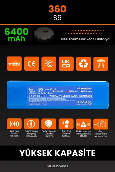 robo-mi 360 S9 6400mAh Robot Süpürge Bataryası - Gerçek Kapasite, Maksimum Güvenlik - 3