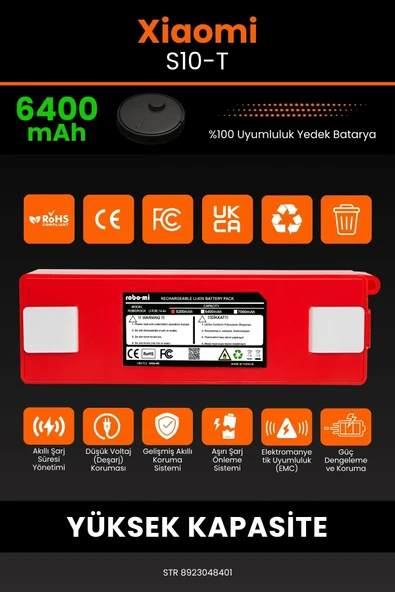 robo-mi Xiaomi Mi Robot Vacuum S10T 6400mAh Robot Süpürge Bataryası - Sertifikalı Güvenlik, Gerçek Kapasite - 3