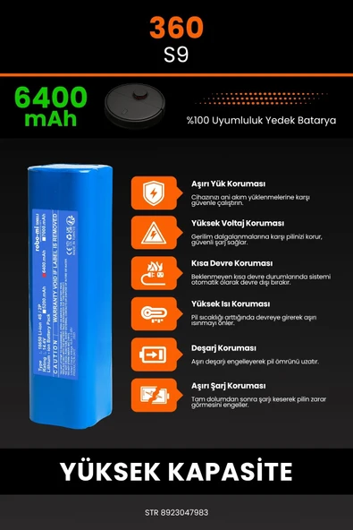 robo-mi 360 S9 6400mAh Robot Süpürge Bataryası - Gerçek Kapasite, Maksimum Güvenlik - 5