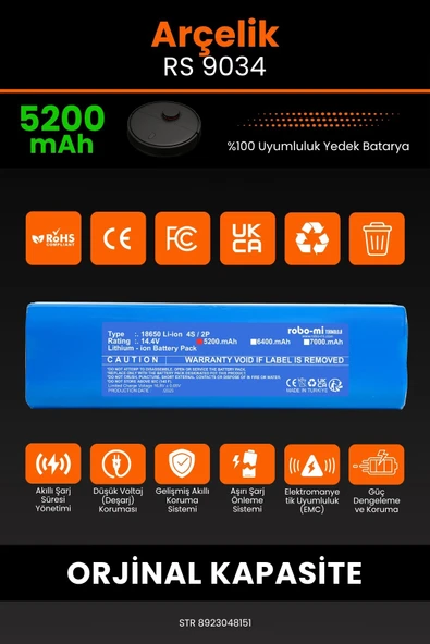 robo-mi Arçelik Rs 9034 Hm 5200mAh Robot Süpürge Bataryası - Sertifikalı Güvenlik, Gerçek Kapasite - 3