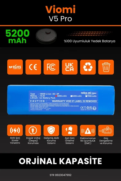 robo-mi Viomi V5 Pro 5200mAh Robot Süpürge Bataryası - Gerçek Kapasite, Maksimum Güvenlik - 3