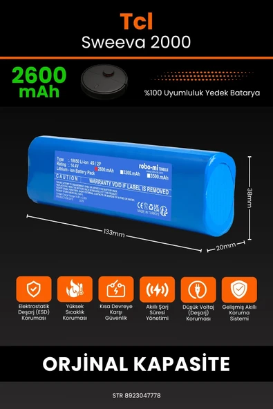 robo-mi Tcl Sweeva 2000 2600mAh Robot Süpürge Bataryası - Gerçek Kapasite, Maksimum Güvenlik - 3