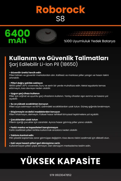 robo-mi Roborock S8 6400mAh Robot Süpürge Bataryası - Gerçek Kapasite, Maksimum Güvenlik - 7