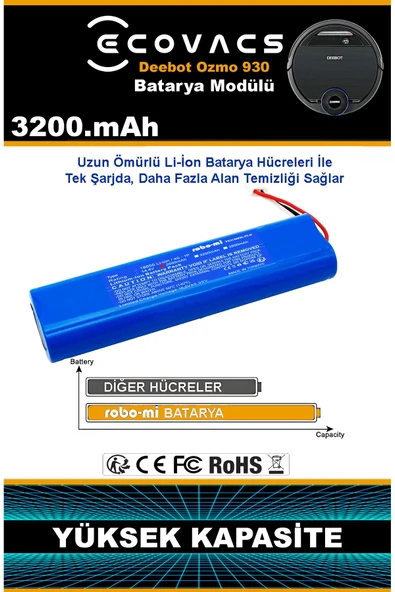 robo-mi Ecovacs Deebot Ozmo 930 3200mAh Robot Süpürge Bataryası - Gerçek Kapasite, Maksimum Güvenlik - 5