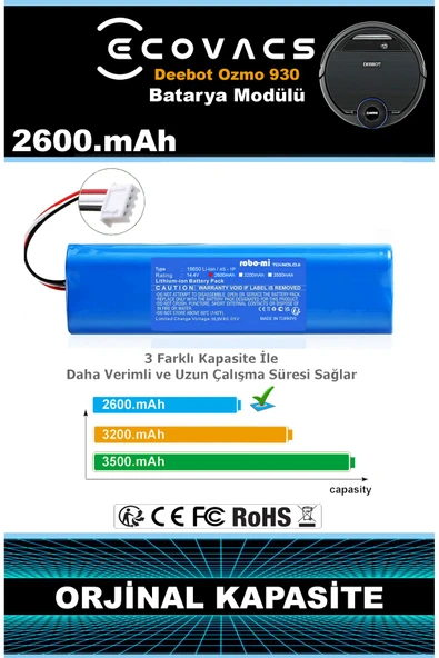 robo-mi Ecovacs Deebot Ozmo 930 2600mAh Robot Süpürge Bataryası - Gerçek Kapasite, Maksimum Güvenlik - 2