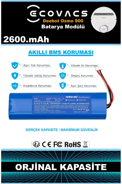 robo-mi Ecovacs Deebot Ozmo 900 2600mAh Robot Süpürge Bataryası - Gerçek Kapasite, Maksimum Güvenlik - Resim 4