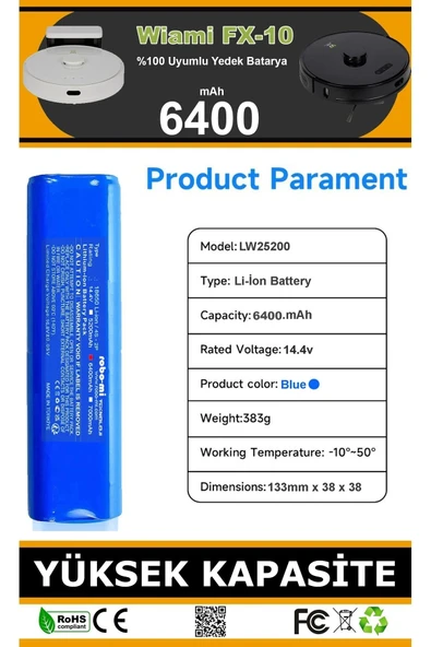 robo-mi Wiami FX-10 6400mAh Robot Süpürge Bataryası - Gerçek Kapasite, Maksimum Güvenlik - Resim 6
