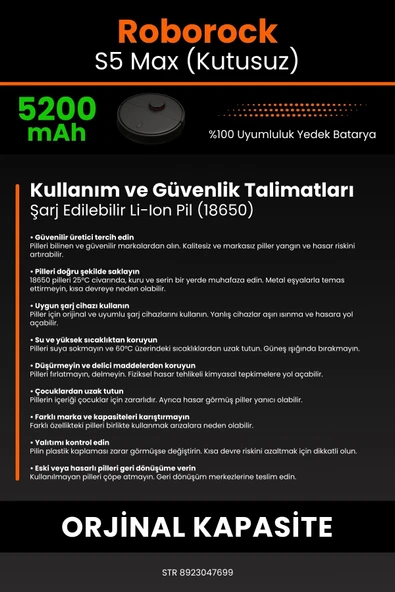 robo-mi Roborock S5 Max 5200mAh Robot Süpürge Bataryası - Gerçek Kapasite, Maksimum Güvenlik - 7