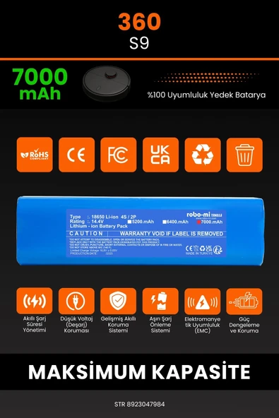 robo-mi 360 S9 7000mAh Robot Süpürge Bataryası - Gerçek Kapasite, Maksimum Güvenlik - 3
