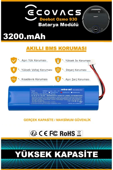 robo-mi Ecovacs Deebot Ozmo 930 3200mAh Robot Süpürge Bataryası - Gerçek Kapasite, Maksimum Güvenlik - 4