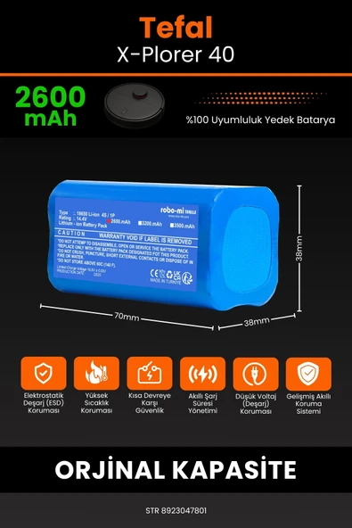 robo-mi Tefal X-Plorer 40 2600mAh Robot Süpürge Bataryası - Gerçek Kapasite, Maksimum Güvenlik - Resim 2