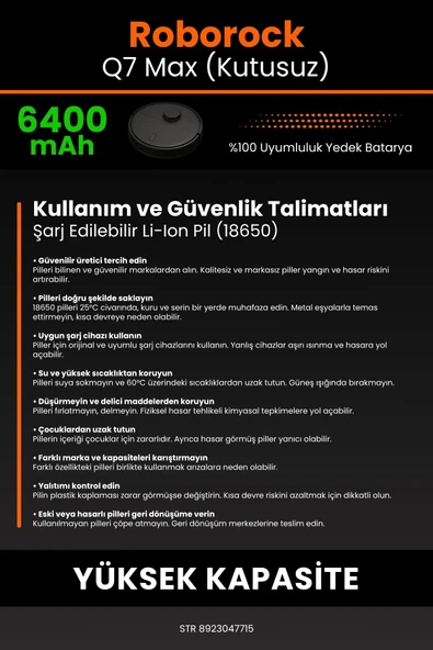 robo-mi Roborock Q7 Max 6400mAh Robot Süpürge Bataryası - Gerçek Kapasite, Maksimum Güvenlik - 7