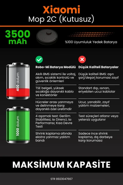 robo-mi Xiaomi Mi Vacuum Mop 2C 3500mAh Robot Süpürge Bataryası - Gerçek Kapasite, Maksimum Güvenlik - 6