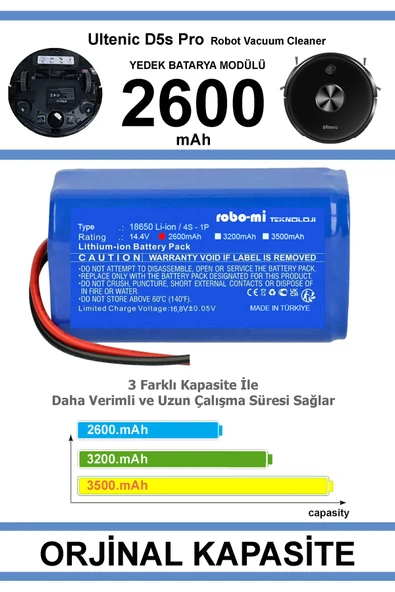 robo-mi Ultenic D5S Pro 2600mAh Robot Süpürge Bataryası - Gerçek Kapasite, Maksimum Güvenlik - 2