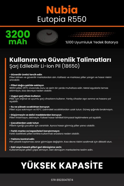 robo-mi Nubia Eutopia R550 3200mAh Robot Süpürge Bataryası - Gerçek Kapasite, Maksimum Güvenlik - 7