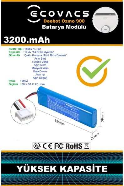 robo-mi Ecovacs Deebot Ozmo 900 3200mAh Robot Süpürge Bataryası - Gerçek Kapasite, Maksimum Güvenlik - 6