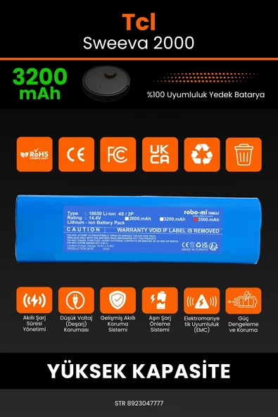 robo-mi Tcl Sweeva 2000 3200mAh Robot Süpürge Bataryası - Gerçek Kapasite, Maksimum Güvenlik - 3