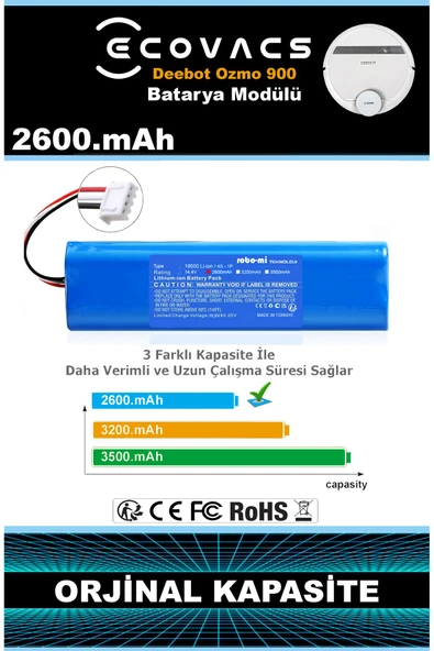 robo-mi Ecovacs Deebot Ozmo 900 2600mAh Robot Süpürge Bataryası - Gerçek Kapasite, Maksimum Güvenlik - Resim 2