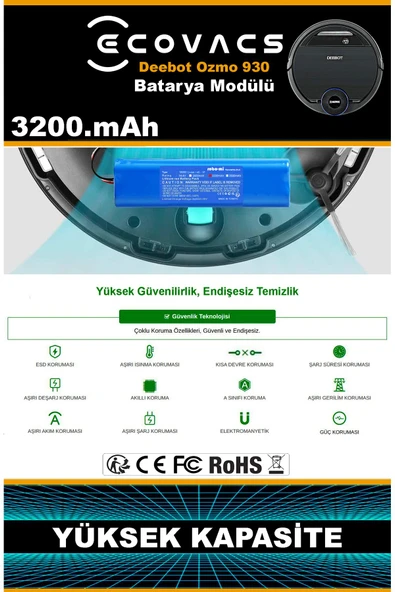 robo-mi Ecovacs Deebot Ozmo 900 3200mAh Robot Süpürge Bataryası - Yüksek Yoğunluklu Li-ion Hücre - 7