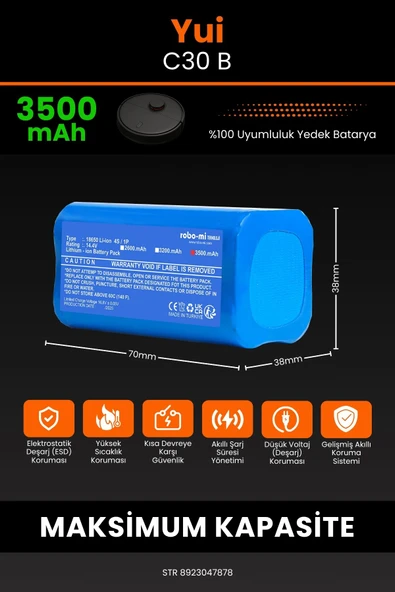 robo-mi Yui C30B 3500mAh Robot Süpürge Bataryası - Gerçek Kapasite, Maksimum Güvenlik - Resim 2