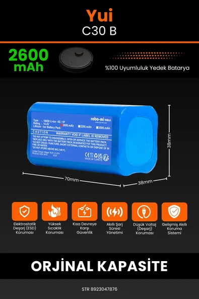 robo-mi Yui C30B 2600mAh Robot Süpürge Bataryası - Gerçek Kapasite, Maksimum Güvenlik - 2