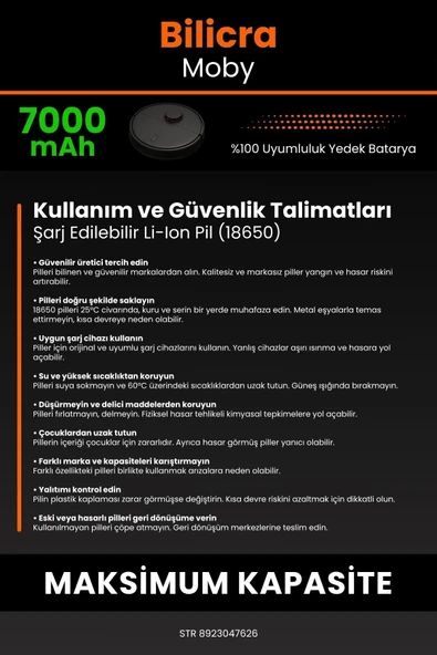 robo-mi Bilicra Moby 7000mAh Robot Süpürge Bataryası - Gerçek Kapasite, Maksimum Güvenlik - 7
