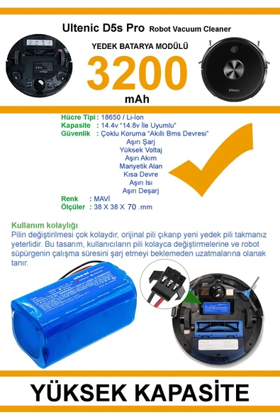 robo-mi Ultenic D5S Pro 3200mAh Robot Süpürge Bataryası - Gerçek Kapasite, Maksimum Güvenlik - 6