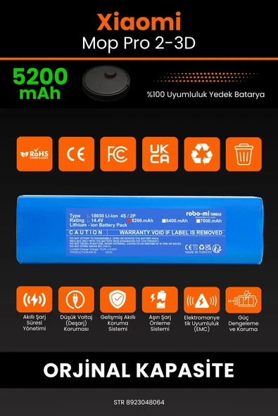 robo-mi Xiaomi Mi Robot Vacuum Mop Pro 2+ 3D 5200mAh Robot Süpürge Bataryası - Gerçek Kapasite - 3