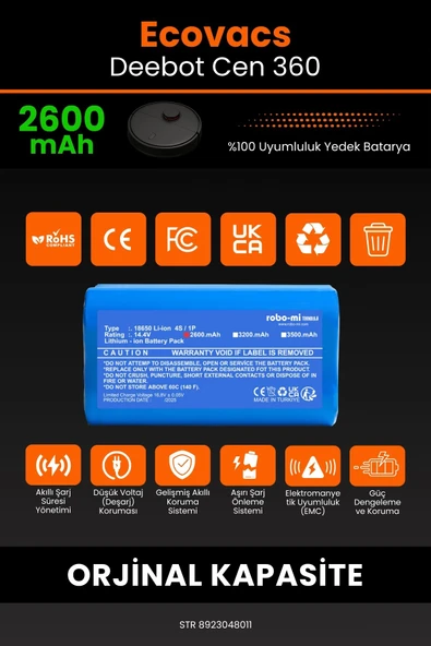 robo-mi Ecovacs Deebot Cen 360 2600mAh Robot Süpürge Bataryası - Gerçek Kapasite, Maksimum Güvenlik - 3