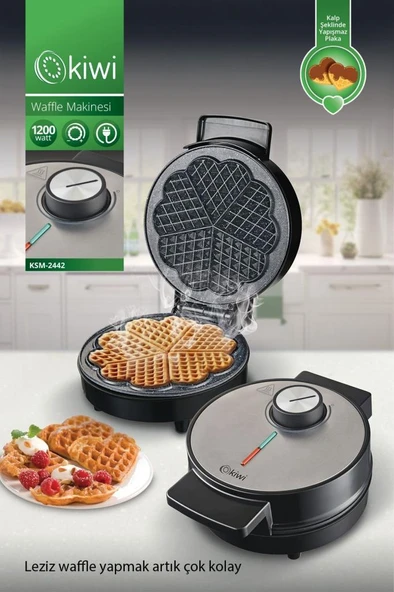 Kiwi KSM-2442 Kalp Desenli Yapışmaz Plakalı Paslanmaz Çelik Waffle Makinesi - 2