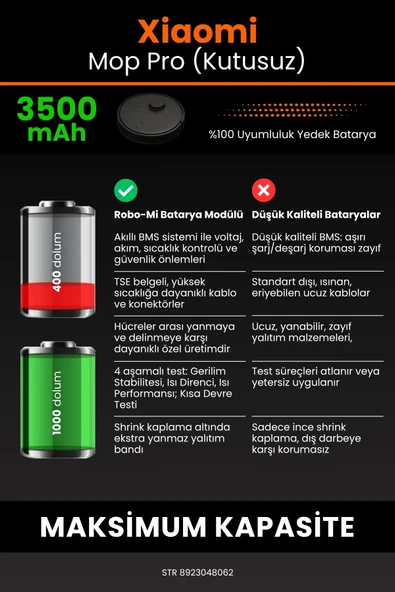 robo-mi Xiaomi Mi Vacuum Mop Essential 3500mAh Robot Süpürge Bataryası - Gerçek Kapasite, Maksimum Güvenlik - 6