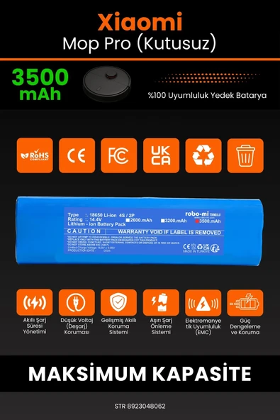 robo-mi Xiaomi Mi Vacuum Mop Essential 3500mAh Robot Süpürge Bataryası - Gerçek Kapasite, Maksimum Güvenlik - 3