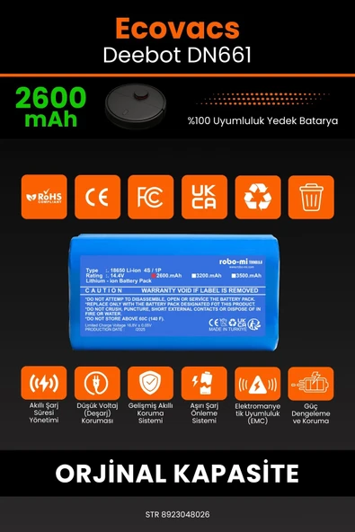 robo-mi Ecovacs Deebot DN661 2600mAh Robot Süpürge Bataryası - Gerçek Kapasite, Maksimum Güvenlik - 3