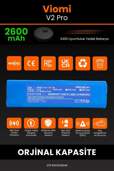 robo-mi Viomi V2 Pro 3200mAh Robot Süpürge Bataryası - Gerçek Kapasite, Maksimum Güvenlik - 3