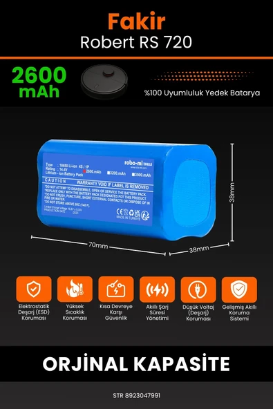 robo-mi Fakir Robert II RS 720 2600mAh Robot Süpürge Bataryası - Gerçek Kapasite, Maksimum Güvenlik - 2