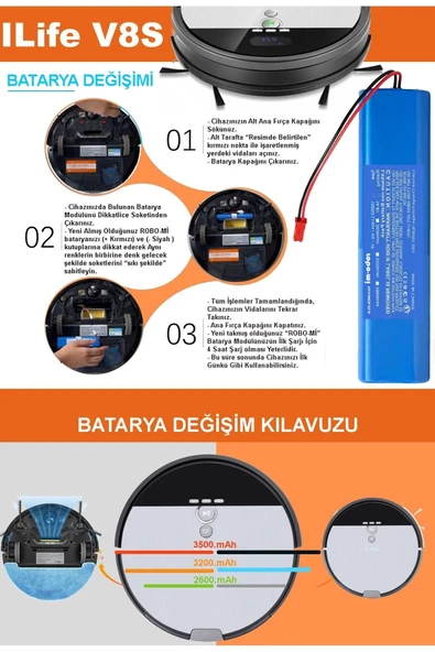 robo-mi İlife V8S 3200mAh Robot Süpürge Bataryası - Gerçek Kapasite, Maksimum Güvenlik - 5