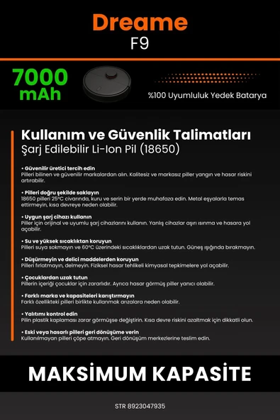 robo-mi Dreame F9 Vacuum Mop 7000mAh Robot Süpürge Bataryası - Gerçek Kapasite, Maksimum Güvenlik - 7