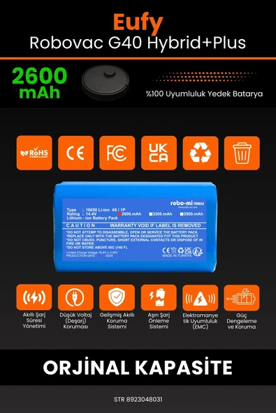 robo-mi Eufy Robovac G40 2600mAh Robot Süpürge Bataryası - Gerçek Kapasite, Maksimum Güvenlik - 3
